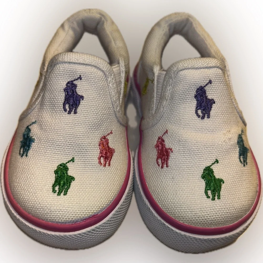 Polo Ralph Lauren Toddler White Canvas Slip-On Sneakers Colorful Pony Logos 3